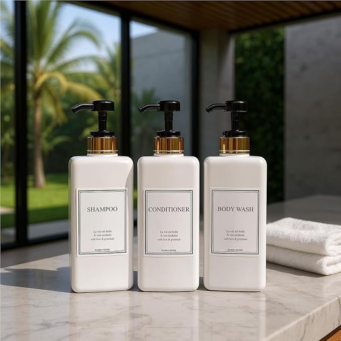 Shampoo and Conditioner Dispenser - Modern Gold Design Large 27oz Shower Soap Dispenser Set of 3, Refillable Empty Plastic Pump Bottles for Bathroom, 6 Waterproof Labels Included, Black
