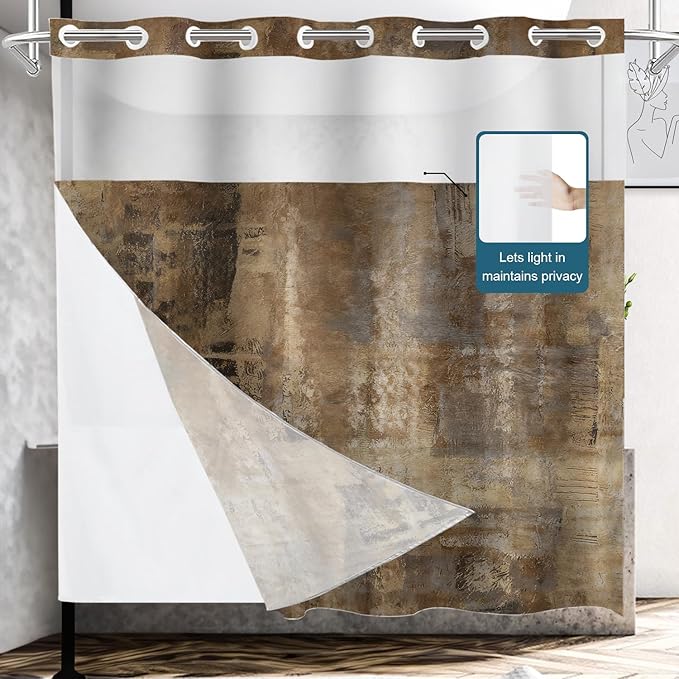 Shrahala Brown Abstract Art No Hooks Shower Curtain with Snap in Liner Set, Grey Acrylic Bathroom Décor Polyester Fiber Waterproof for Stall Bathtubs 71 X 74 in