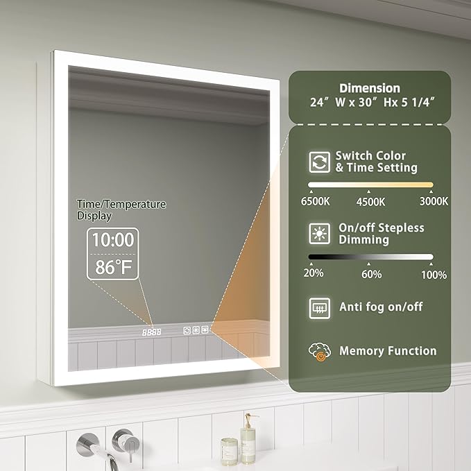 Edge LED Medicine Cabinet Mirror, 24x30 Inch Bathroom Storage, Recessed/Wall Mount, Plug-in/Hardwired, 3 Color Dimmable Light, Anti-Fog, Time Temp Display, Left Hinge