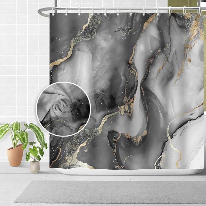 Black Gold Marble Shower Curtain for RV Bathroom Decor, Abstract Luxury Gray Golden Texture Marble Shower Curtains for Bathroom, Luxury Modern Waterproof Bath Decor 47x64 Inches