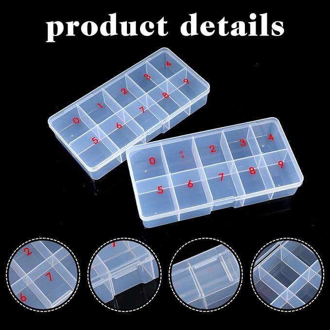 2 Pieces Nail Tip Organizer Box Acrylic Fake Nail Organizer, Transparent Storage Box with 10 Number Spaces Storage Case Container Nails Plastic Grid Boxes for Fingernail, Crystal, Jewelry Accessories