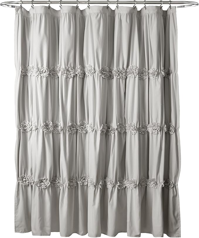 Lush Decor Darla Ruched Floral Bathroom Shower Curtain, 72” x 72”, Light Gray