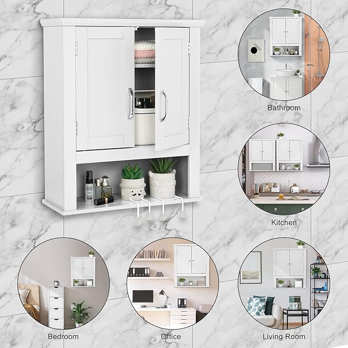 VINGLI Bathroom Wall Cabinet 21"x8.5"x25" Modern White Medicine Wall Mount Bathroom Cabinet Organizer Over The Toilet Storage with 2 Doors 1 Adjustable Shelf for Restroom Laundry Room Home Furniture
