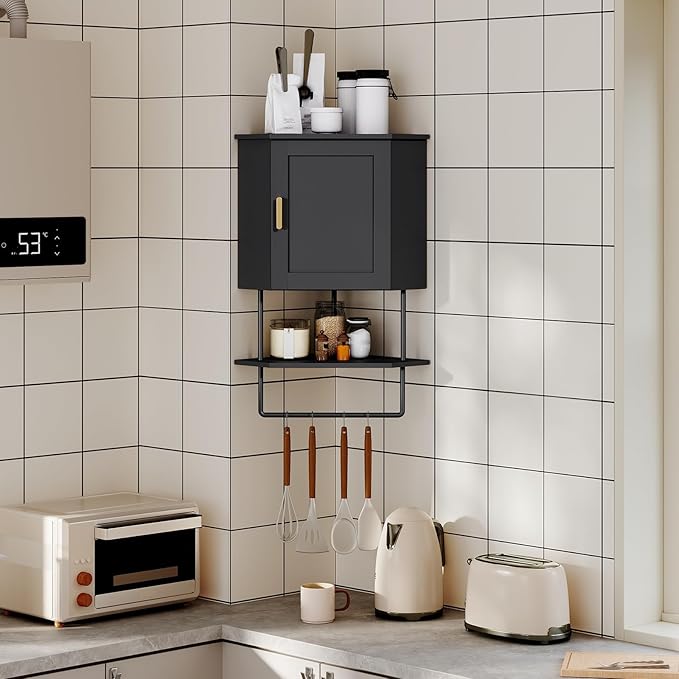 MAHANCRIS Bathroom Wall Cabinet, Corner Wall Mount Medicine Cabinet with Adjustable Shelf & Towel Bar, 3-Tier Over Toilet Storage Cabinets for Bathroom Laundry Room Kitchen, for Small Space, Black