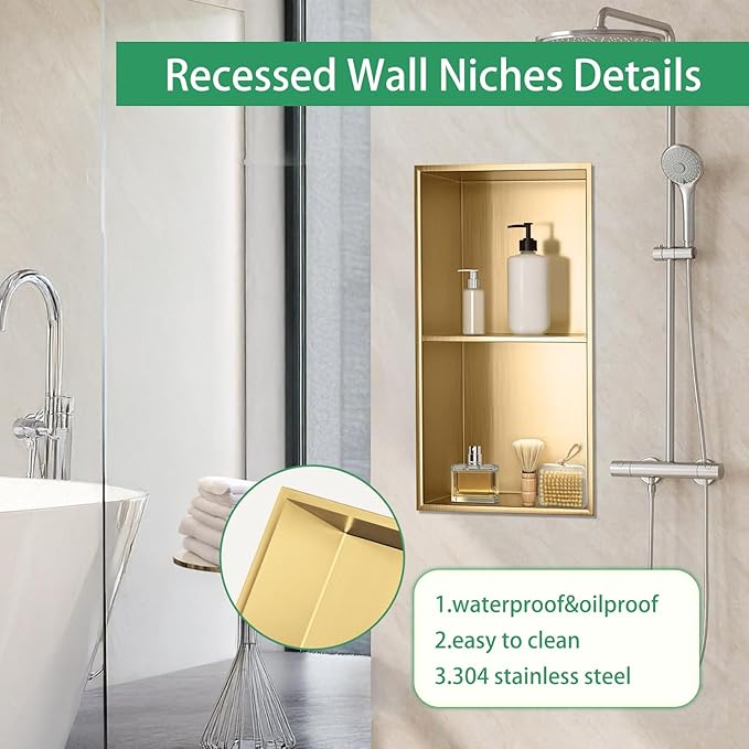 SaniteModar Shower Niche, Stainless Steel Shower Niche No Tile Needed, Recessed for Bathroom Storage (Brushed Gold, 12x24,Double)