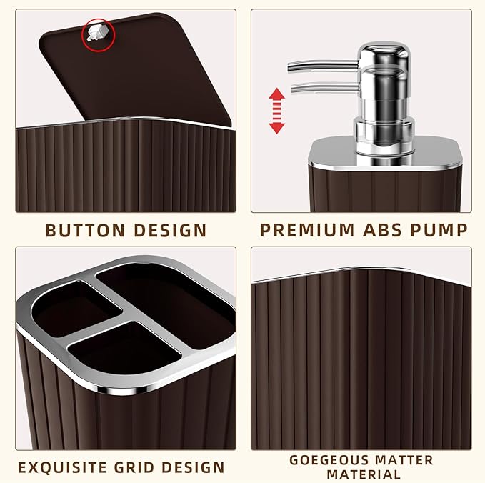 XLHOMO Bathroom Accessories Set - 25PC Brown Bathroom Sets with Shower Curtain and Rugs, Bathroom Accessory Set, Brown Shower Curtain Set, Trash Can, Qtip Holder Dispenser & Soap Dispenser