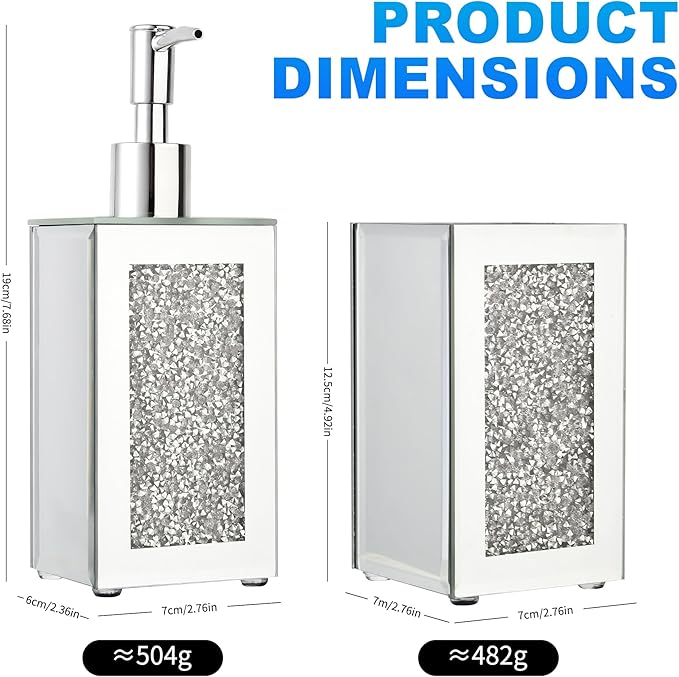 Luxury 2-Piece Bathroom Set, 150ml Diamond-Embedded Glass Soap Dispenser and Toothbrush Holder, Elegant Vanity Organizer for Modern Bathrooms
