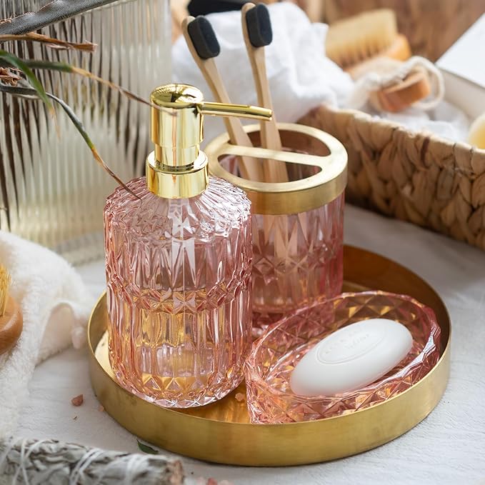EMPO 6PCS Bathroom Clear Glass Accessories Set (Lotion Soap Dispenser, Soap Dish, Toothbrush Holder, Tumbler, Cotton Swab Jar), Contemporary Modern Decor Crystal Vintage Gift (6pcs Light Pink)