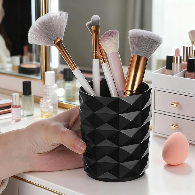 Acrylic Makeup Brush Holder Organizer, Black Makeup Brush Organizer, Stylish Pencil Holder for Desk, Cosmetics Brushes Cup Storage with Texture, Desk Accessories for Office, School, Home