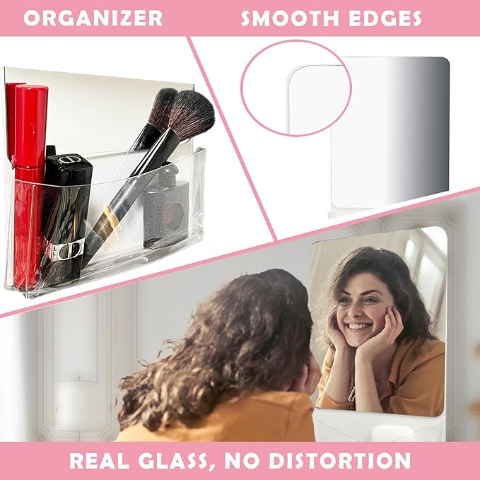 Magnetic Locker Mirror with Fully Magnetic Back, 9.45" x 5.51" Small Real Glass Super Clear Reflection Mirror with Storage Pocket for School Locker Refrigerator Office Cabinet -White, 2 Pcs
