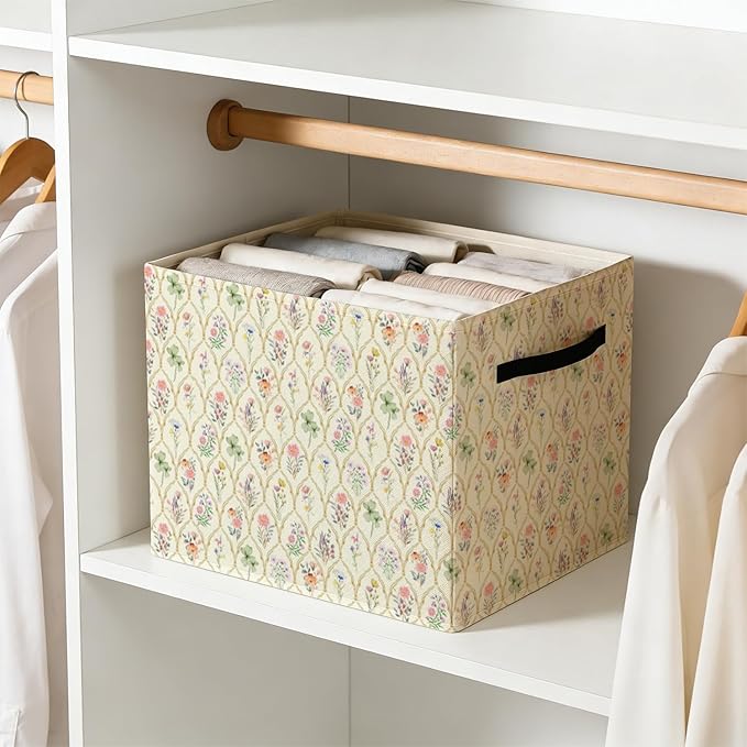 Boho Floral Storage Bin Box with Handles, Vintage Cottagecore Botanical Flower Foldable Baskets Organizer for Bedroom Bathroom Home Clothes Toys Books, Toybox for Girls Room