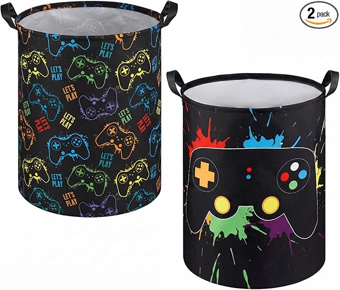 Zhehao 2 Pcs Easter Gamer Laundry Basket Boys Kids Laundry Hamper Gamer Room Decor Gaming Storage Basket Hamper Clothes Organizer Nursery Toy Storage Bin for Gifts Bedroom Bathroom Decoration(Stylish)