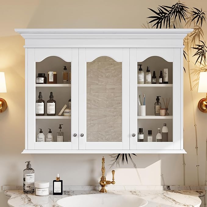 Merax Wall Mounted Bathroom Medicine Cabinet with Mirror, 40" x 28" Bathroom Wall Cabinet with Storage, Glass Doors and Adjustable Shelves, Mirrored Door Over The Toilet Storage Cabinet