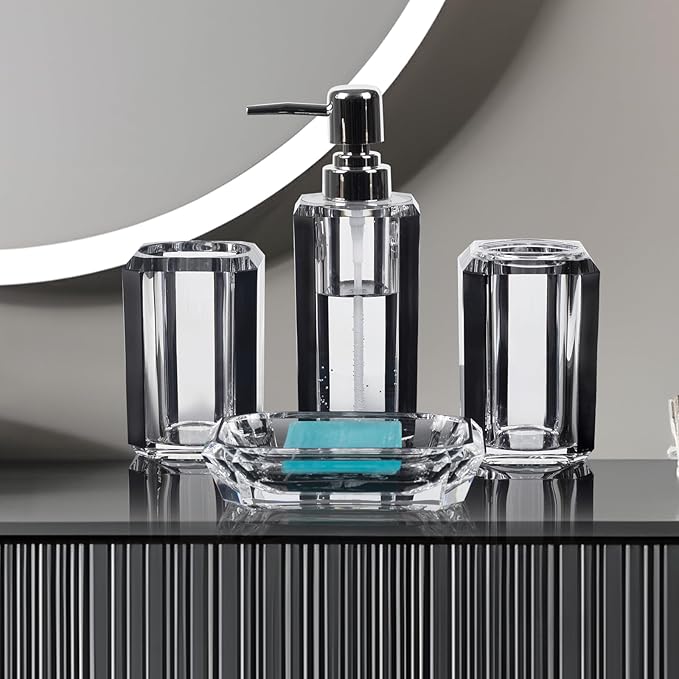 4-Piece Black Bathroom Accessories Set — Soap Dispenser, Soap Dish, Mouthwash Cup & Toothbrush Holder, Glossy Acrylic with Brushed Black Accent, Gift-Ready Home Decor