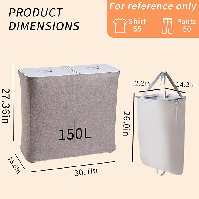 Double Laundry Hamper with Lid and Removable Laundry Bags,Large 2 Dividers Dirty Clothes Basket for LaundryRoom/Bedroom/Bathroom/College,150L