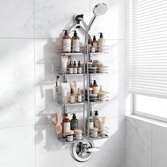 Adjustable Hanging Shower Caddy for Handheld Showerhead, 4-Tier Rustproof Shower Rack Baskets, Anti-Swing Hanging Shower Organizer for Bathroom Storage with 2 S-Hooks, Large Capacity, Silver