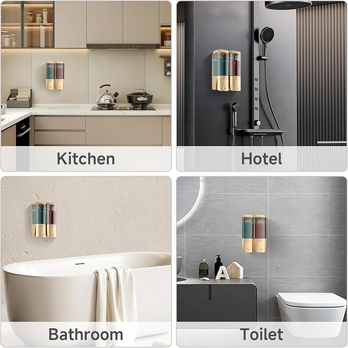Shampoo and Conditioner Dispenser,Shower Dispenser 2 Chamber No Drill Shampoo Dispenser for Shower Wall Mounted Shower Soap Dispenser for Bathroom Hotel,Large Capacity 2 * 500ML,Gold