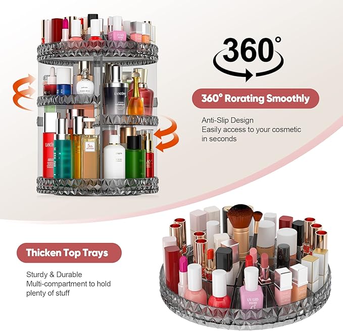 360 Rotating Makeup Organizer, DIY Adjustable Makeup Carousel Spinning Holder Storage Rack, Large Capacity Vanity Organizer Skincare Organizers (Gray)