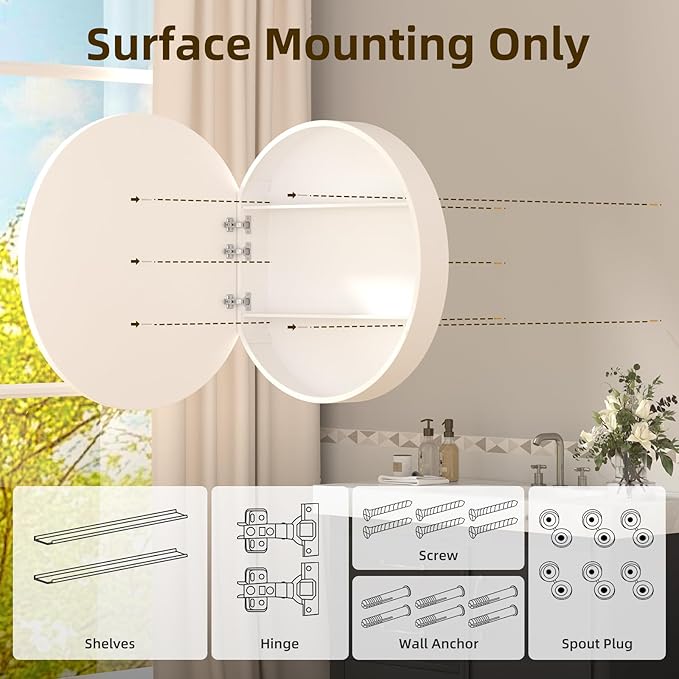 30 x 30 Inch Round White Mirror Medicine Cabinet Surface Mounted, Circular Modern Bathroom Medicine Cabinet with Mirror, Metal Framed Medicine Cabinets with Tempered Glass Mirror