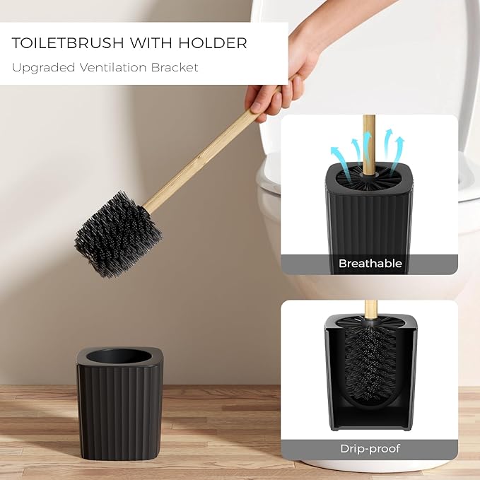 Black Bathroom Accessories Set, Unbreakable Bathroom Set, Trash Can, Toilet Brush with Holder, Soap Dispenser, Toothbrush and Toothpaste Holder, Tumbler, Soap Dish, Qtip Holders, Tray, Bamboo Decor