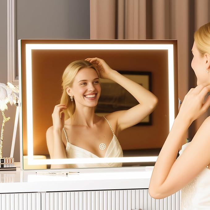 MINISO Vanity Mirror with Lights, 13.8" x 10.6" LED Makeu Mirror, Light & Brightness Adjustment, Smart Sensor, Aluminum Alloy Metal White Frame, with 5X Magnifying Glass