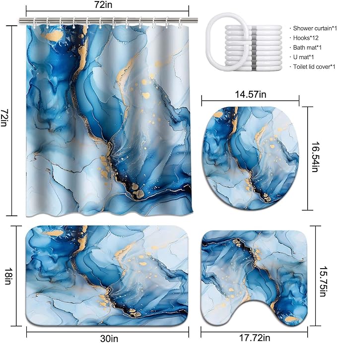 Lnond 4Pcs Bathroom Sets with Shower Curtain and Rugs, Marble Bathroom Shower Curtain Sets, Blue Gold Modern Art Bathroom Sets with Rugs and Accessories