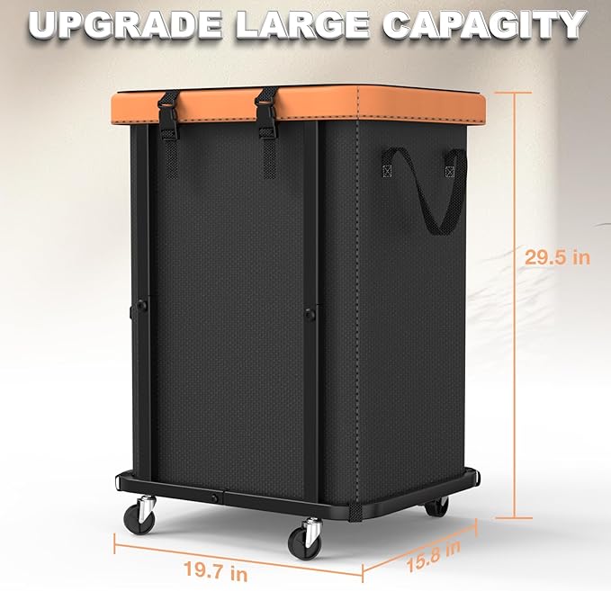 150L (40 Gal) Large Fashion Laundry Basket with Wheels, Leather Patchwork Rolling Hamper Carts, Sturdy Metal Frame, Removable Washable Bag, Tall Clothes Sorter for Bedroom, Laundry Room, Dorm - Black