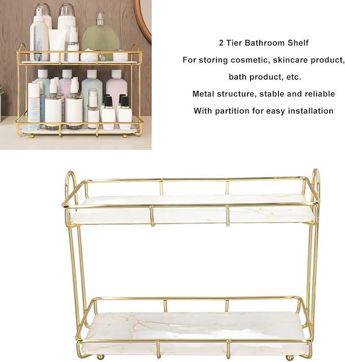 2 Tier Bathroom Shelf Countertop Standing Shelf with Partition Cosmetic Storage Rack Holder Gold (Small 31x23cm)