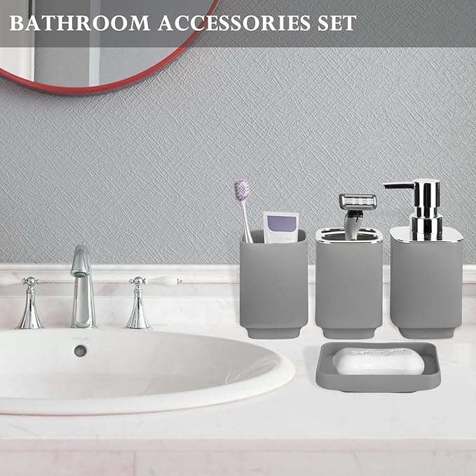 4 Piece Bathroom Accessories Set, Boho Bathroom Decor, Bathroom Sets Complete, Soap Dispenser, Toothbrush Holder, Mousewash Cup and Soap Dish, Bathroom Sink Set for Modern Home Decor