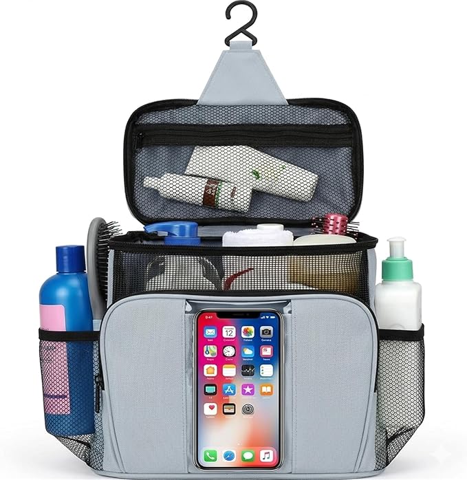BAIMAY Dorm Room Essentials for Guys, Quick Dry Mesh Shower Caddy, Travel Toiletry Bag for Men and Women-Grey