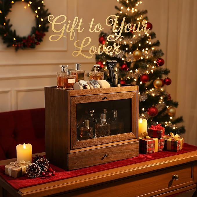 Cologne Organizer for Men,Nightstand Organizer,Cologne Shelf, Solid Wood Cologne Stand with Drawer Storage and Clear Window,Dresser Drawer Organizers,Perfume Stand Organizer,Brown