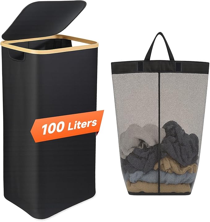 100L Foldable Laundry Basket with Lid, Dirty Clothes Hamper for Dormitories and Gyms | Laundry Hamper with Removable Bag, Black