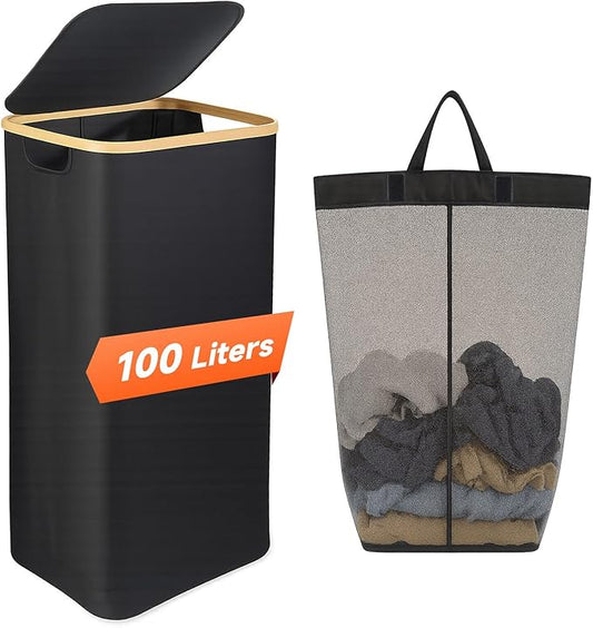 100L Foldable Laundry Basket with Lid, Dirty Clothes Hamper for Dormitories and Gyms | Laundry Hamper with Removable Bag, Black