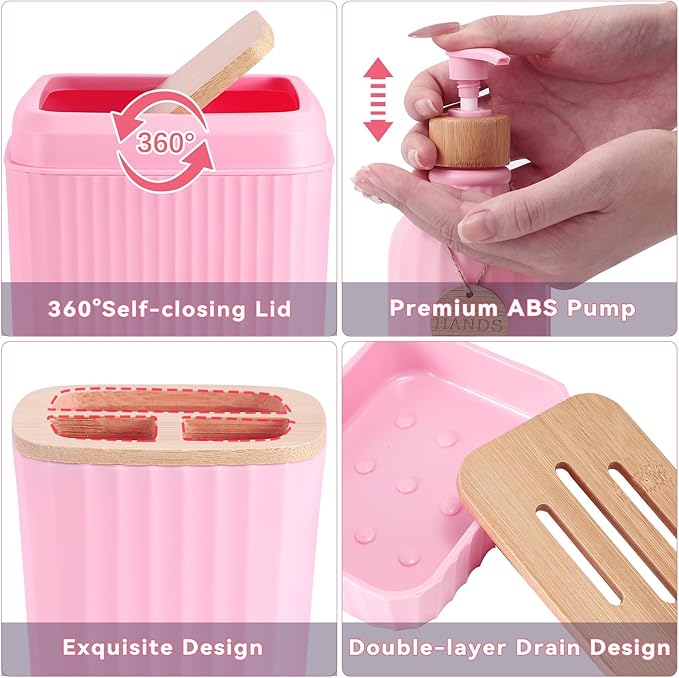 XLHOMO Bathroom Accessories,Bathroom Set with Shower Curtain,Rugs,Trash Can,Lotion Soap Dispenser,Toothbrush Holder,Soap Dish, Tags with Tray（Pink1 ），（Bath Set+Shower Curtain+Bath Rugs）