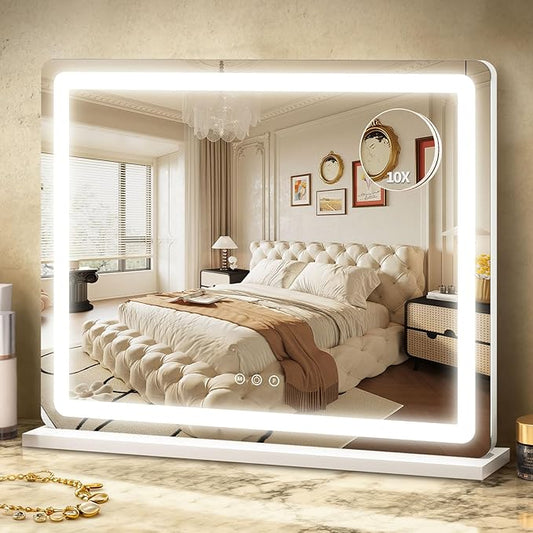 ROLOVE Vanity Mirror with Lights, 23"x18" Large Makeup Mirror with Lights, 10x Magnification, Wall Mounted LED Mirror for Bathroom, Dimmable Touch Control, Desk Mirror