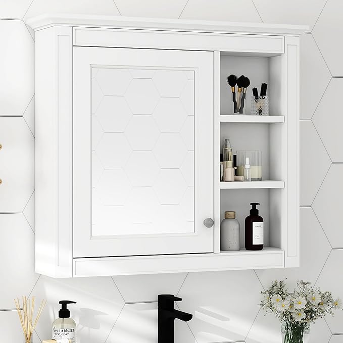 Merax Bathroom Medicine Cabinet with Mirror, 30" x 28" Wall Mounted Medicine Cabinet with Single Door and Shelves, Over The Toilet Mirrored Bathroom Storage Wall Cabinet