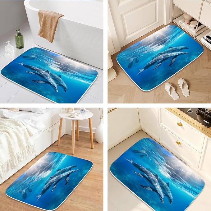 Sea Animals Undersea Dolphins Bathroom Rugs and Mats Sets 3 Piece, Memory Foam 20 x 31.5 inch Bath Mat, U-Shaped Contour Shower Mat Non Slip Absorbent Washable