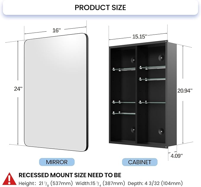 Modern Bathroom Mirror with Storage 16x24 Inch, Matte Black Aluminum Medicine Cabinet, Recessed or Surface Mount, 6 Adjustable Glass Shelves, Waterproof Vanity Organizer, DTC Hinges