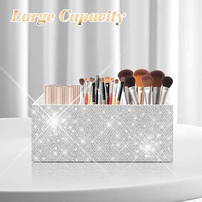 Bling Makeup Brush Holder Organizer, 3 Slot Sparkle Cosmetics Brushes Storage Holders with Shiny Rhinestones, Glitter Cute Pen and Pencil Holder for Desk, Eyeliners Display Case for Vanity???White???