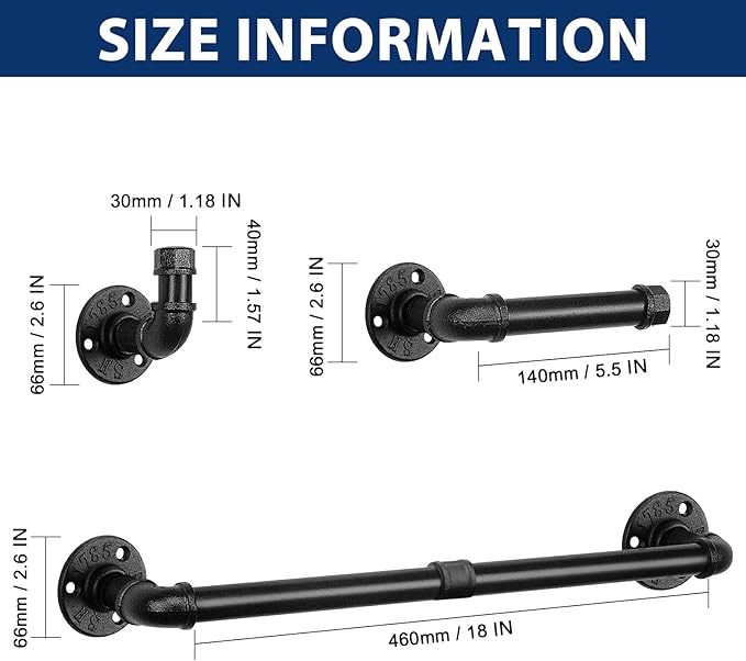 NearMoon 5-Pieces Industrial Pipe Bathroom Hardware Set, Include 18 Inch Towel Bar, Toilet Paper Holder and 3 Robe Hooks, Heavy Duty DIY Style Wall Mounted Rustic Decor Accessories Kit (Black)