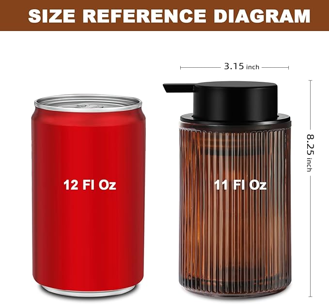 KASUNTING Amber Glass Foaming Soap Dispenser, Ribbed Foam Hand Soap Dispenser for Bathroom, 11 Fl Oz 2 Pack Refillable Foaming Pump Bottle with Black Pump, Modern Dish Soap Foam Dispenser