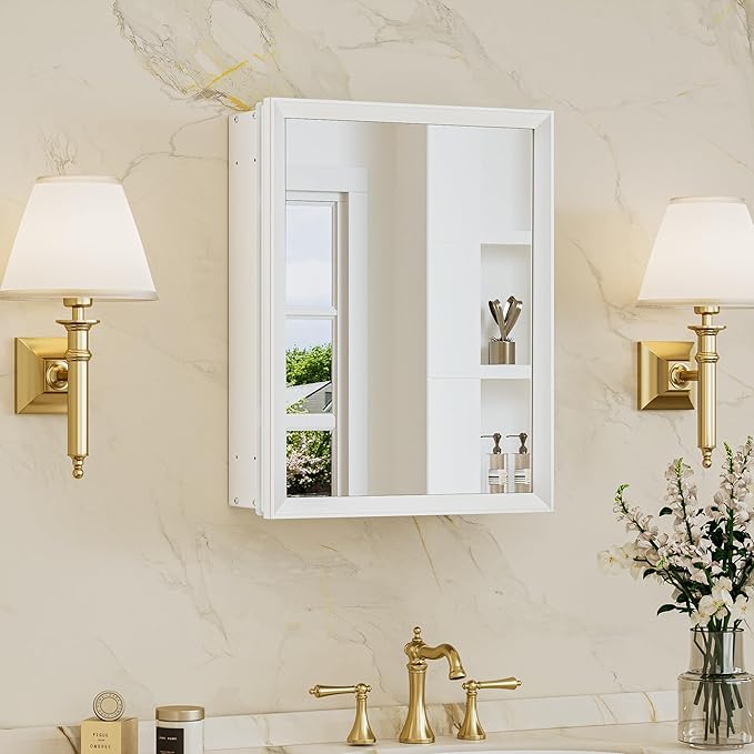 TokeShimi 14 x 18 White Recessed Medicine Cabinet with Mirror, Assembly Required, Bathroom Medicine Cabinet with Mirror, Stepless Adjustable Shelves, Beveled Aluminum Frame, DTC Hinge