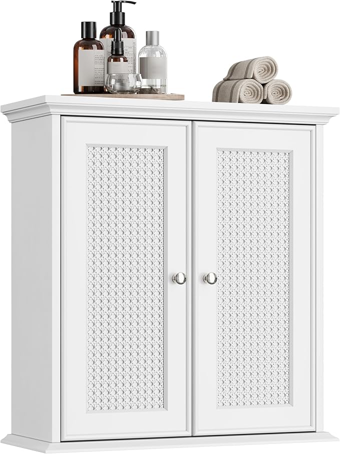 Smuxee White Bathroom Medicine Cabinet, Wall Mounted with Rattan Doors, 22.1" W x 23.6" H x 8.6" D, Adjustable Shelves, Wall Cabinet Over Toilet for Laundry Room Kitchen