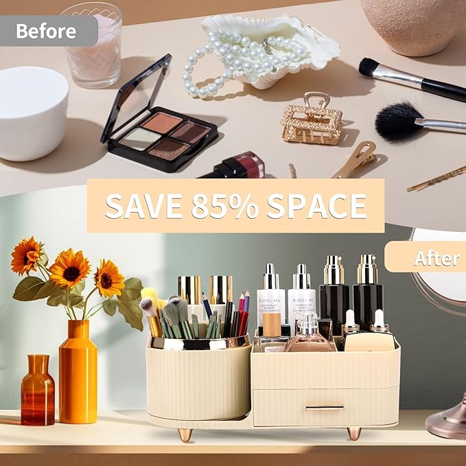 Beborxue 360?? Rotating Makeup Organizer for Vanity with Drawers, Large Capacity Cosmetic Display Case, skincare organizer, Cosmetic Organizer for Lipstick, Skincare, Brushes, Eyeshadow, (Rice White)