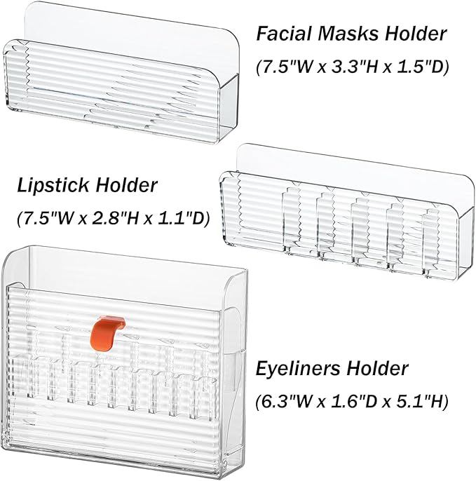 MORNITE 3 Pcs Wall-Mounted Makeup Organizer Set, Makeup Holder for Lipstick, Pencils, Brush, Lip Liner, Cabinet Storage for Mirror, Door, Bathroom, Vanity