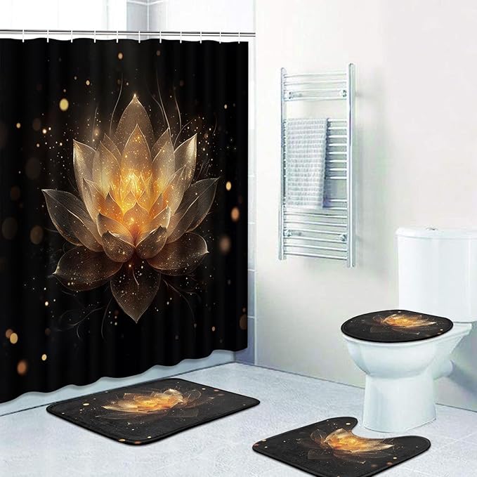 Britimes 4 Piece Shower Curtain Sets with 12 Hooks, Lotus Black and Gold Flower Spa Zen Spiritual Golden Floral with Non-Slip Rugs, Toilet Lid Cover and Bath Mat for Bathroom Decor Set 72" x 72"