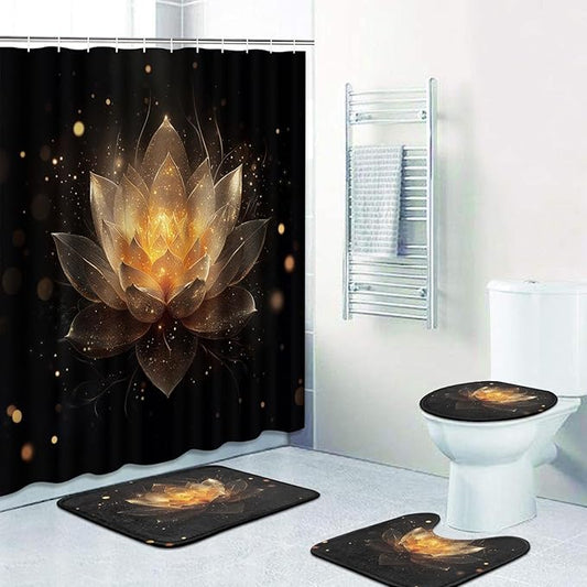 Britimes 4 Piece Shower Curtain Sets with 12 Hooks, Lotus Black and Gold Flower Spa Zen Spiritual Golden Floral with Non-Slip Rugs, Toilet Lid Cover and Bath Mat for Bathroom Decor Set 72" x 72"