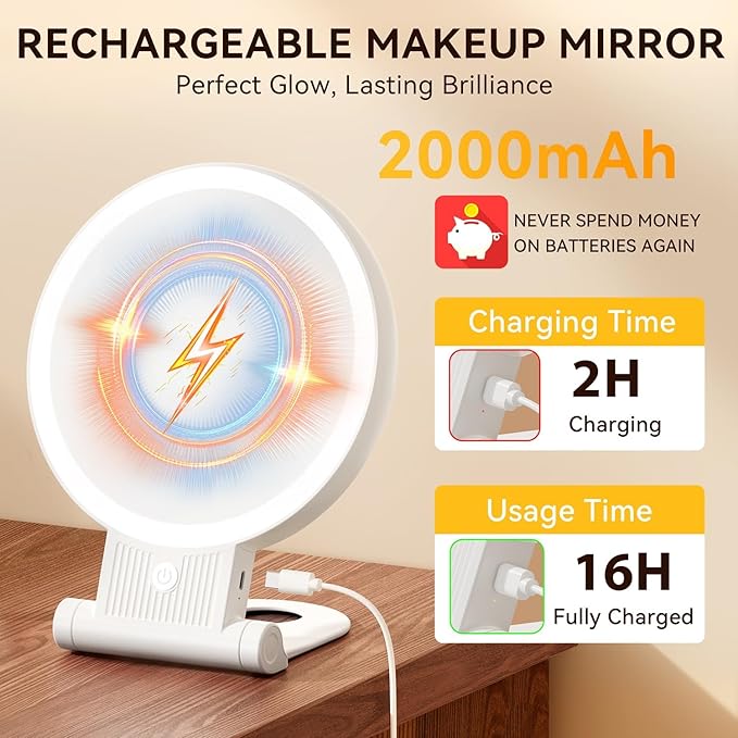 1X/20X Magnifying Mirror with Light, Double Sided Makeup Mirror with Adjustable 3 Color Light, 2000mAh Rechargeable Lighted Magnifying Mirrors with Tweezer, Foldable Travel Mirror with Rotation