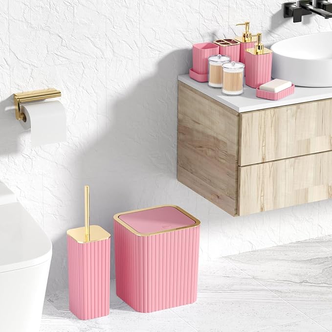 XLHOMO Pink Bathroom Accessories Set - Gorgeous Bathroom Set, 10PC Bathroom Accessory Set, Toilet Brush, Trash Can, Qtip Holder & Soap Dispenser