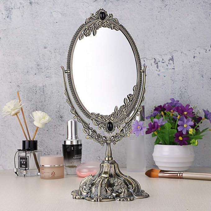 JUXYES Metal Tabletop Antique Decorative Makeup Mirror with Stand, Vintage Swivel Double Sided Cosmetic Mirror with Frame, Retro Desktop Oval Dressing Mirror for Bathroom Bedroom